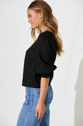 Black Cotton Linen Lanie Blouse